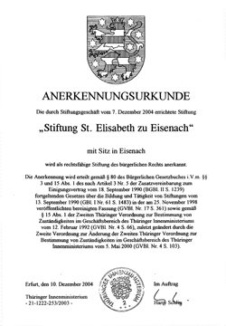 Stiftungsurkunde - Stiftung Sankt Elisabeth zu Eisenach